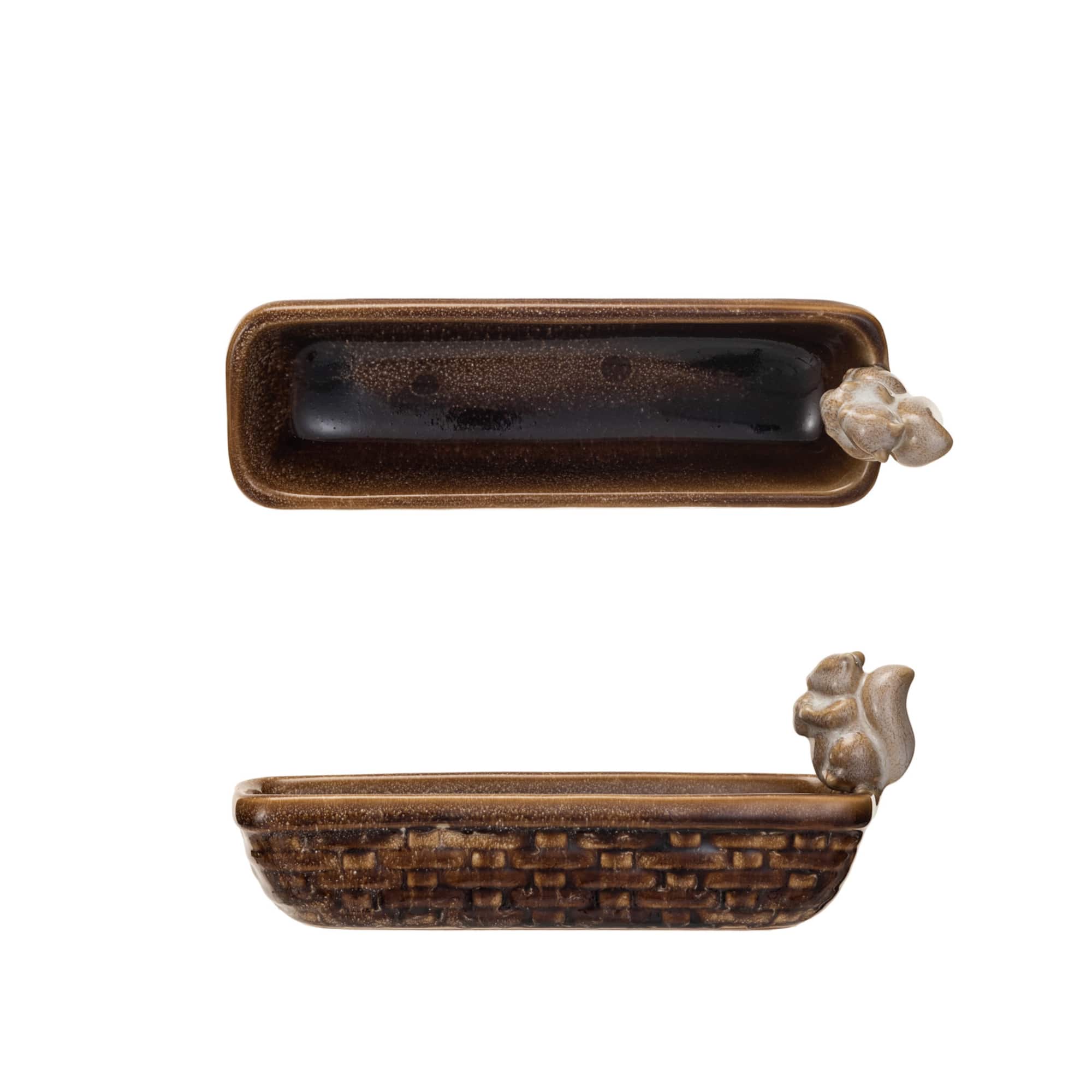 Hello Honey® 9.25" Brown Reactive Glaze Squirrel & Debossed Weave Stoneware Dish